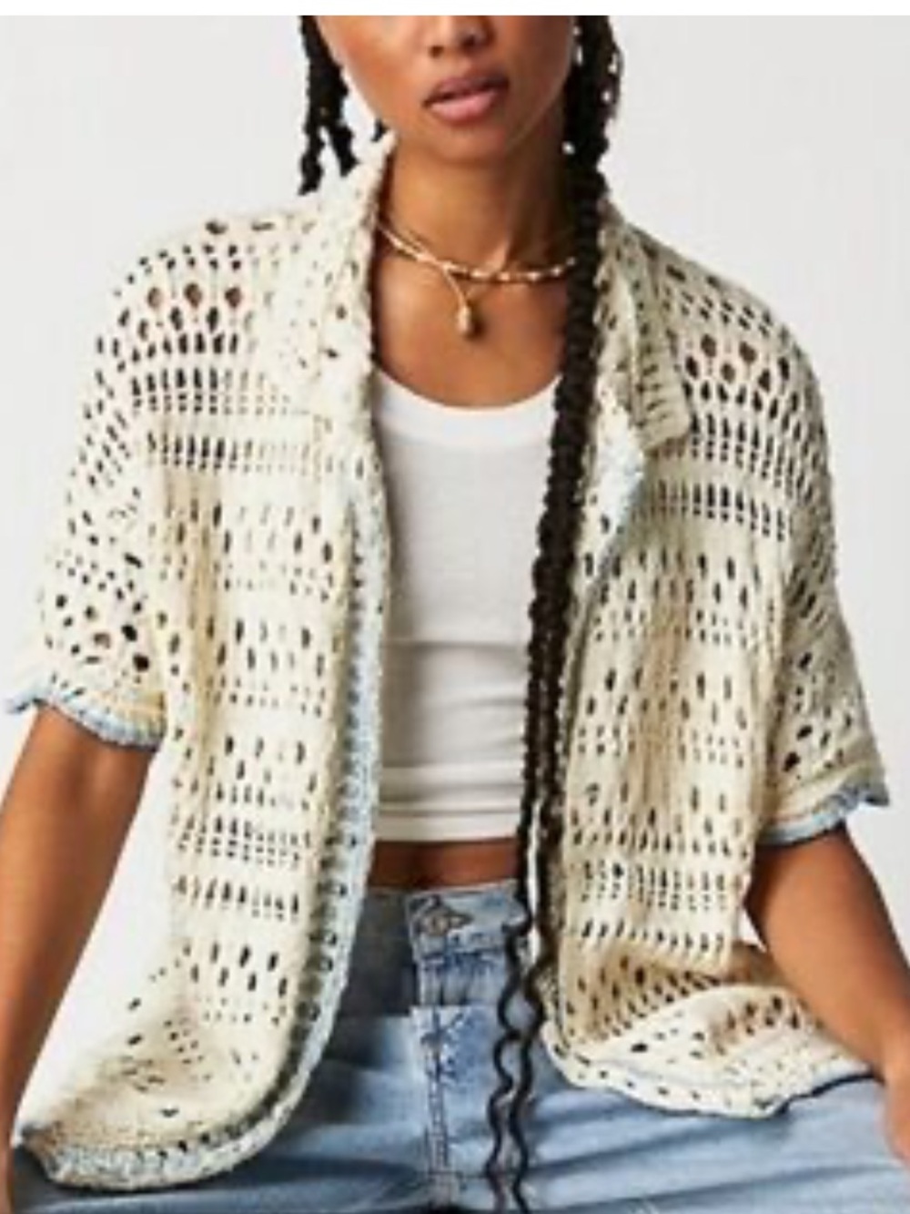 Free People Santa Cruz Club Shirt Crochet Cardigan - Cream with Light Blue Trim